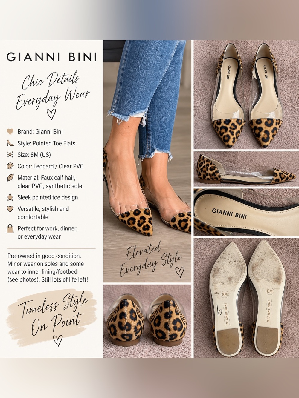 Gianni Bini Leopard Print Clear PVC Pointed Toe Flats Women’s 8M